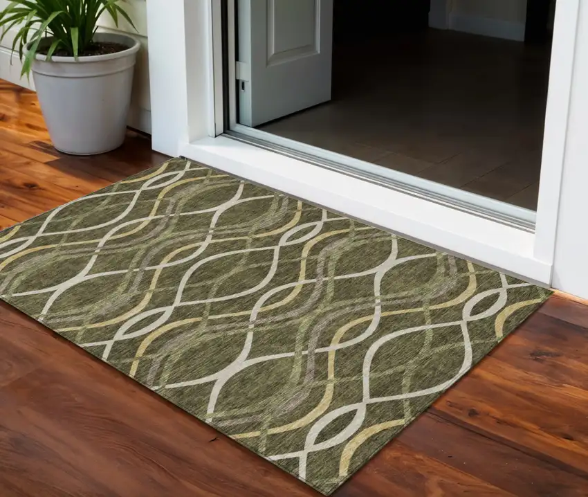 Olive Green Fern Green And Ivory Abstract Washable Indoor Outdoor Area Rug Photo 1