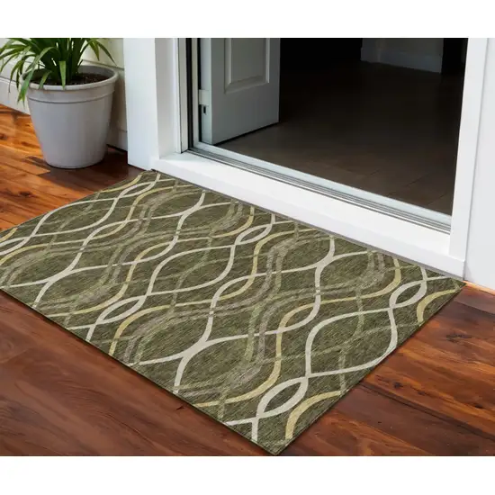 Olive Green Fern Green And Ivory Abstract Washable Indoor Outdoor Area Rug Photo 1