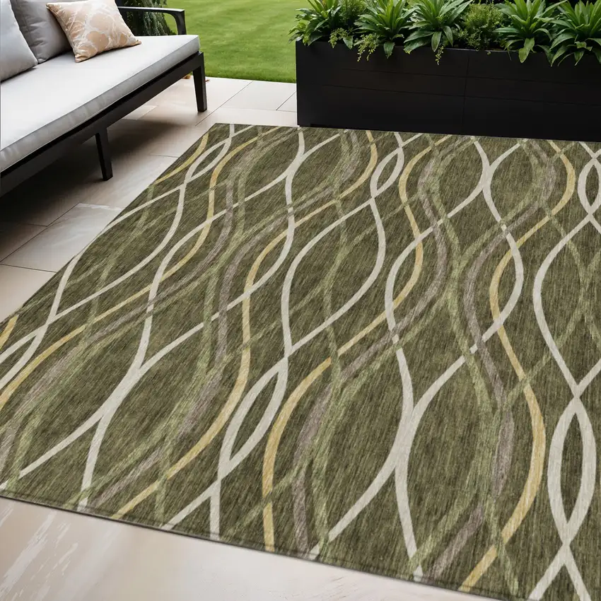 Olive Green Fern Green And Ivory Abstract Washable Indoor Outdoor Area Rug Photo 1