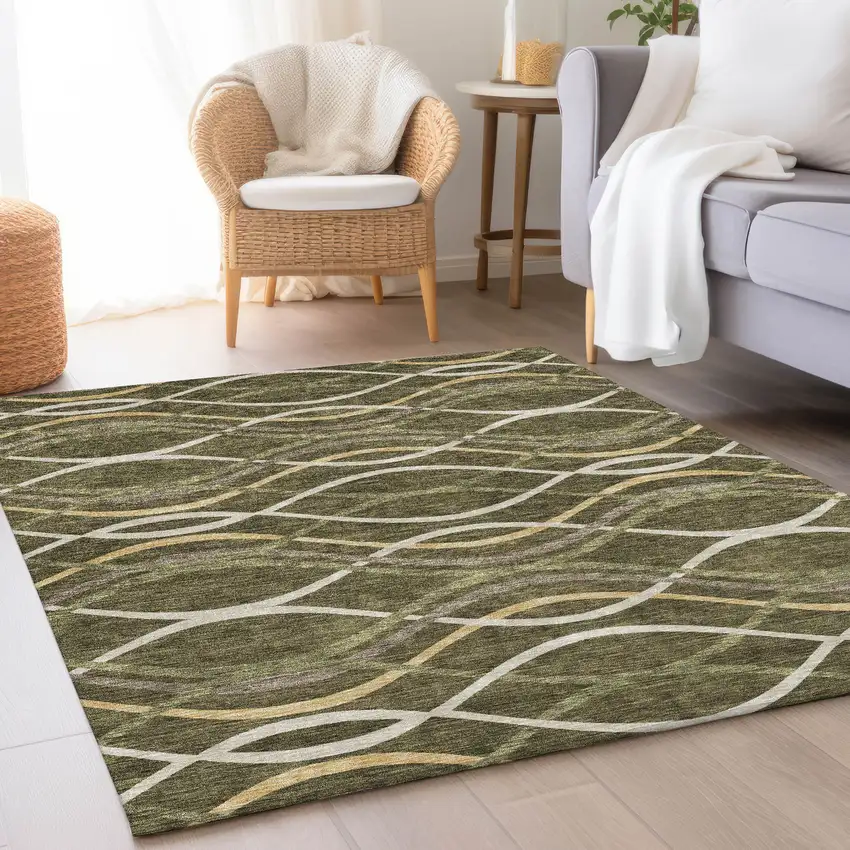 Olive Green Fern Green And Ivory Abstract Washable Indoor Outdoor Area Rug Photo 7