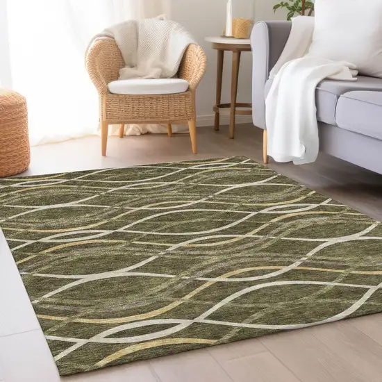 Olive Green Fern Green And Ivory Abstract Washable Indoor Outdoor Area Rug Photo 7