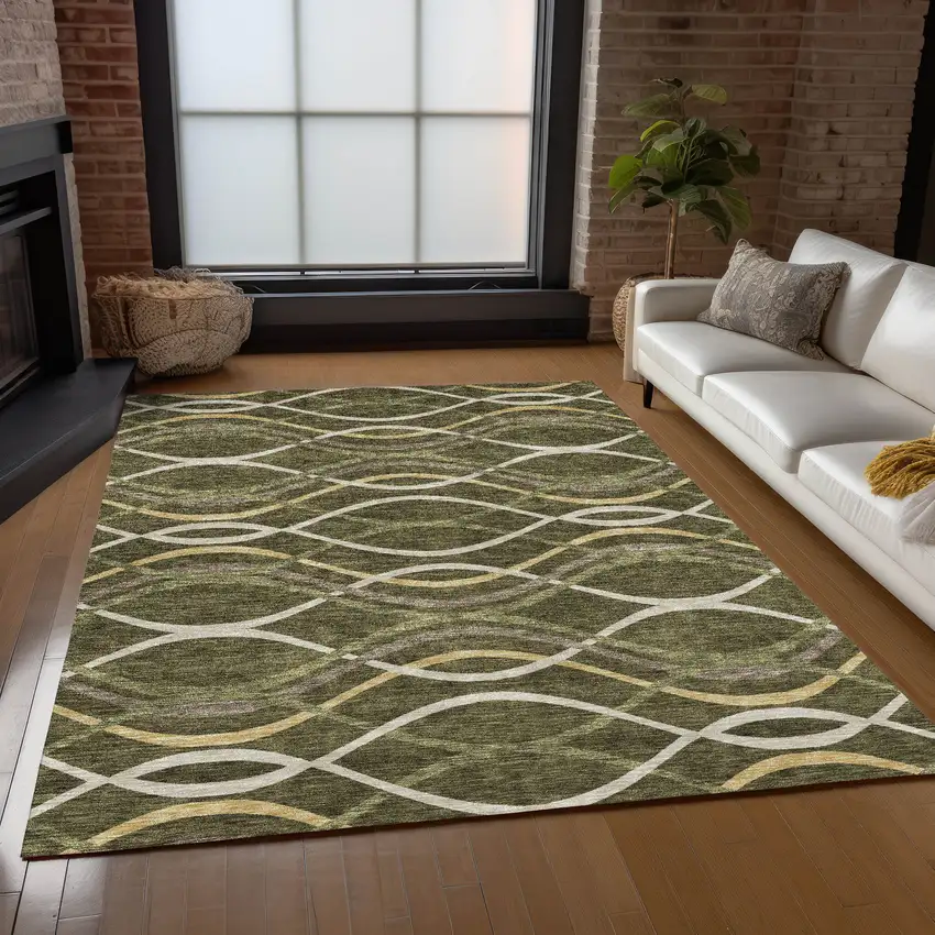 Olive Green Fern Green And Ivory Abstract Washable Indoor Outdoor Area Rug Photo 8