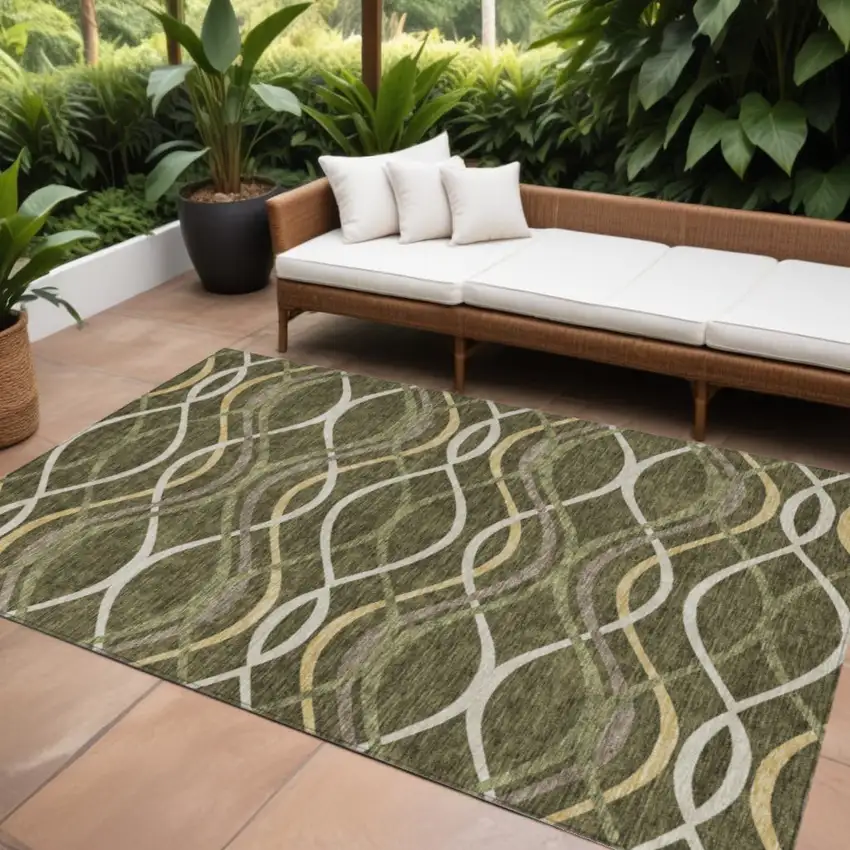 Olive Green Fern Green And Ivory Abstract Washable Indoor Outdoor Area Rug Photo 1