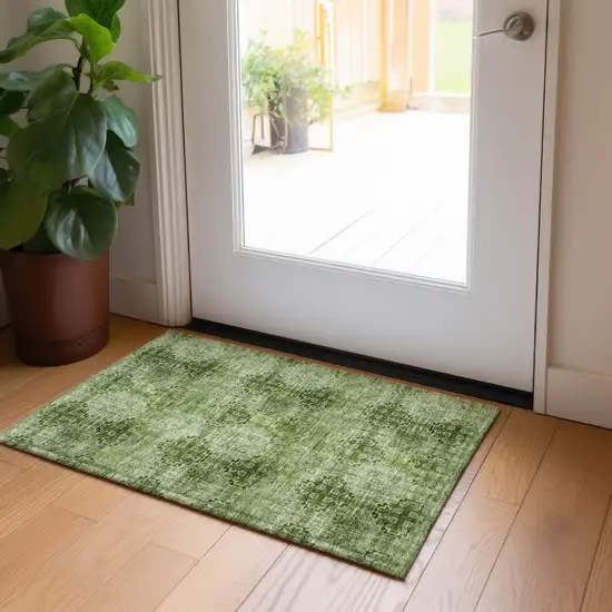 Olive Green Floral Medallion Washable Non Skid Indoor Outdoor Area Rug Photo 8