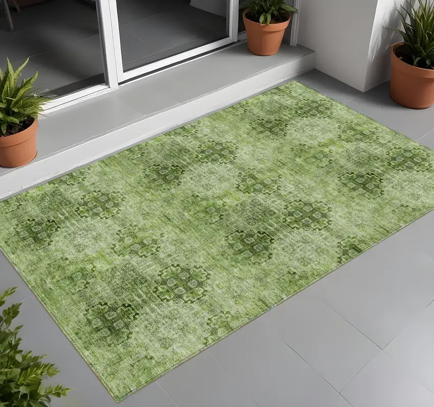 Olive Green Floral Medallion Washable Non Skid Indoor Outdoor Area Rug Photo 2