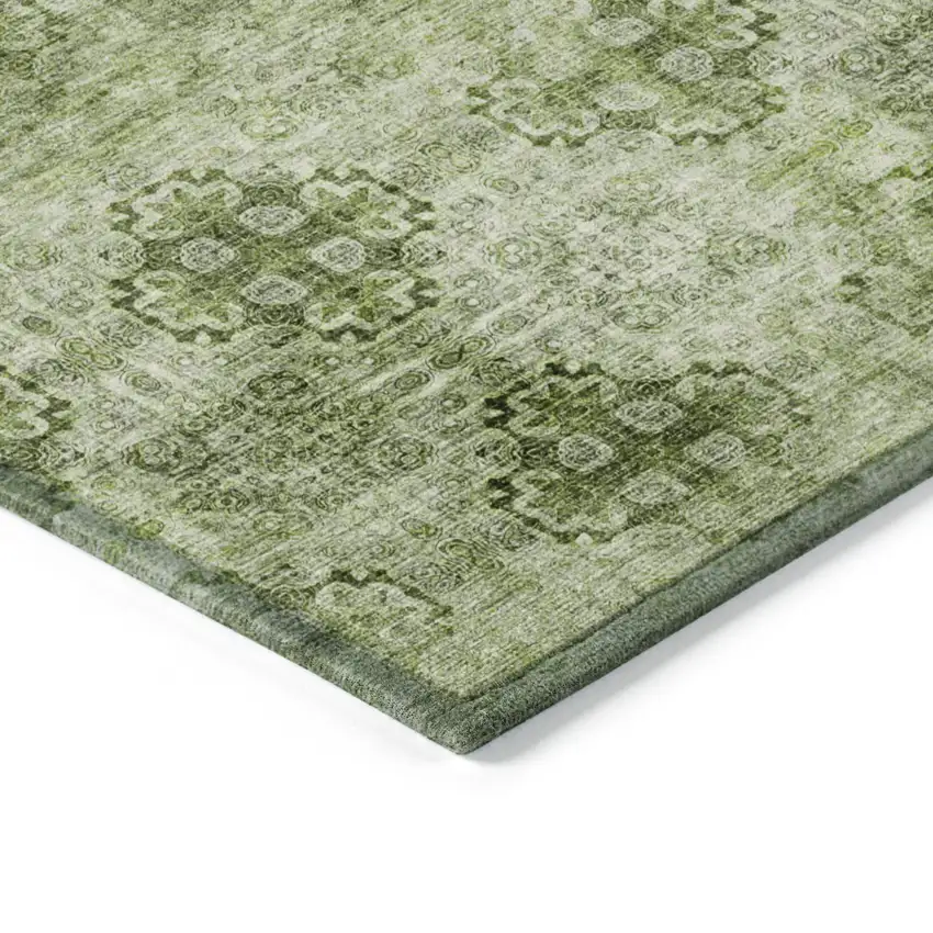 Olive Green Floral Medallion Washable Non Skid Indoor Outdoor Area Rug Photo 4
