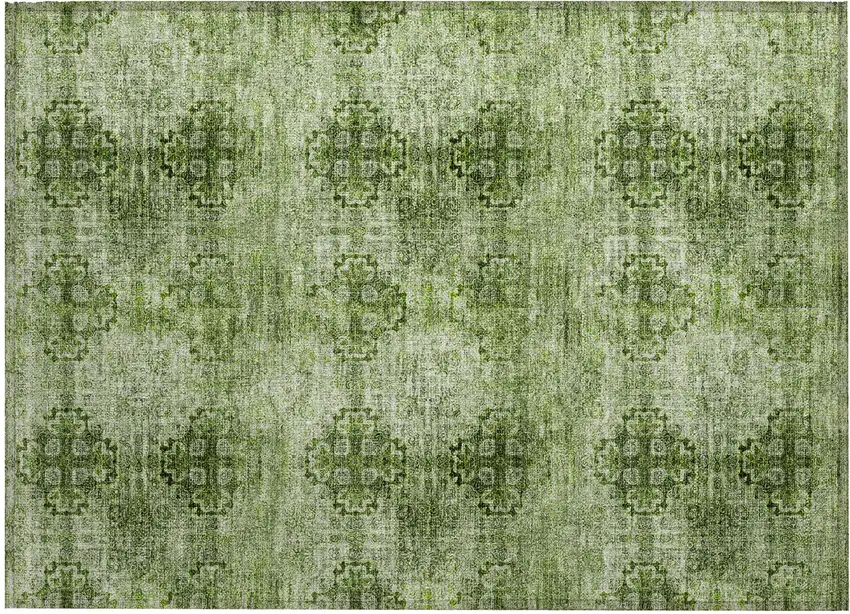 Olive Green Floral Medallion Washable Non Skid Indoor Outdoor Area Rug Photo 2