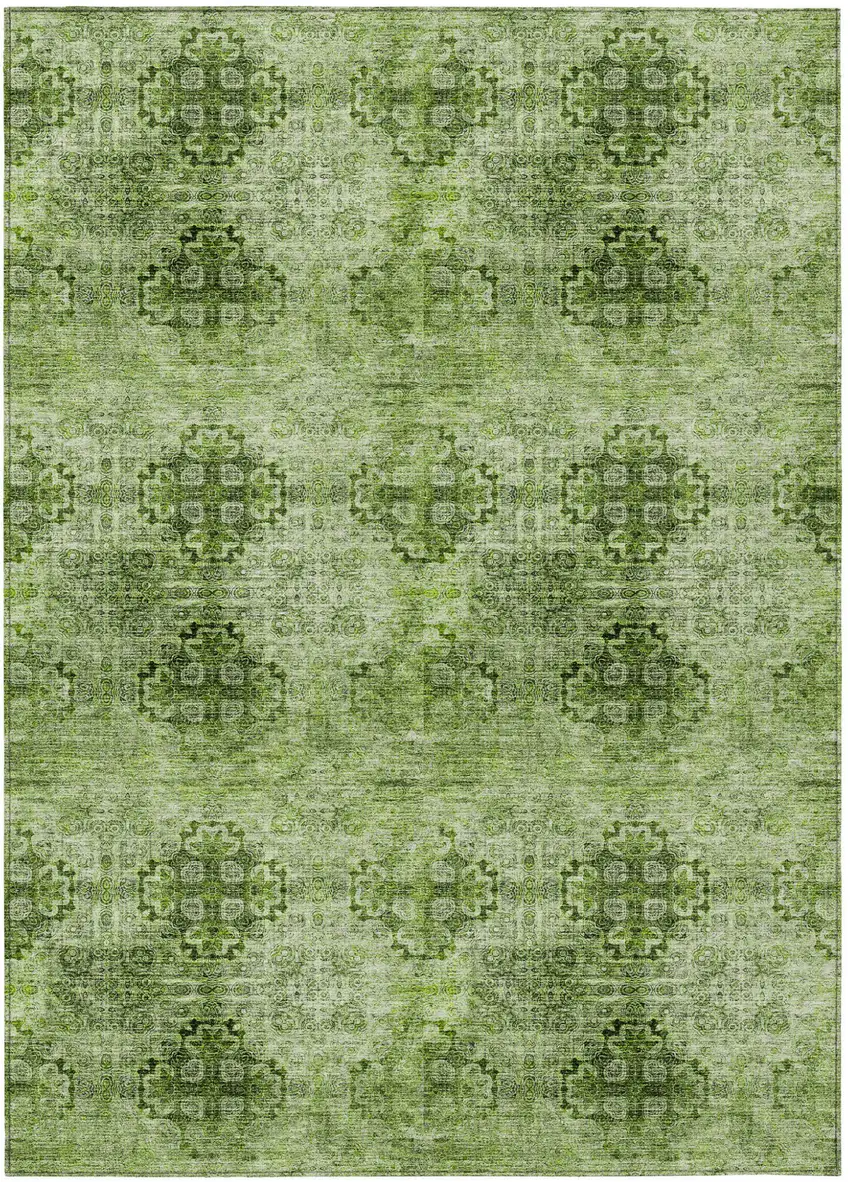 Olive Green Floral Medallion Washable Non Skid Indoor Outdoor Area Rug Photo 2