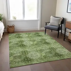 Photo of Olive Green Floral Medallion Washable Non Skid Indoor Outdoor Area Rug