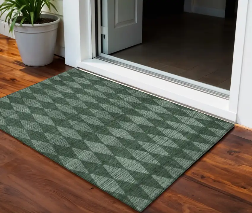 Olive Green Geometric Washable Indoor Outdoor Area Rug Photo 1