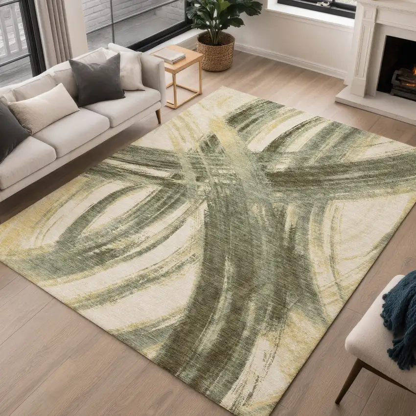 Olive Green Gold And Beige Abstract Washable Indoor Outdoor Area Rug Photo 3