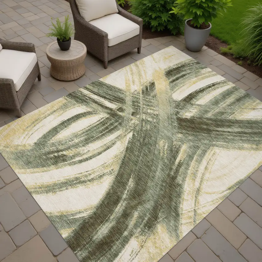 Olive Green Gold And Beige Abstract Washable Indoor Outdoor Area Rug Photo 6