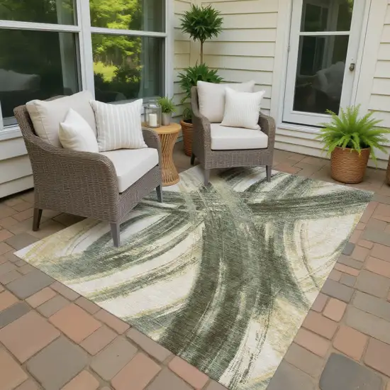 Olive Green Gold And Beige Abstract Washable Indoor Outdoor Area Rug Photo 3