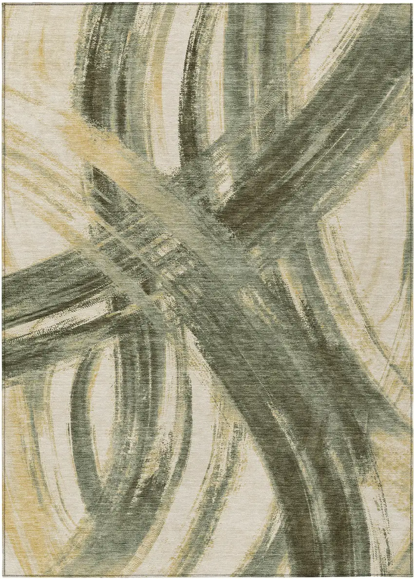 Olive Green Gold And Beige Abstract Washable Indoor Outdoor Area Rug Photo 7