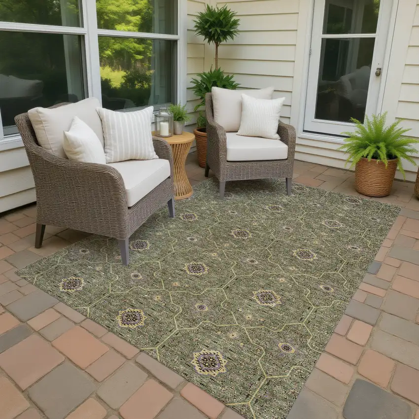 Olive Green Gold And Black Oriental Washable Indoor Outdoor Area Rug Photo 4