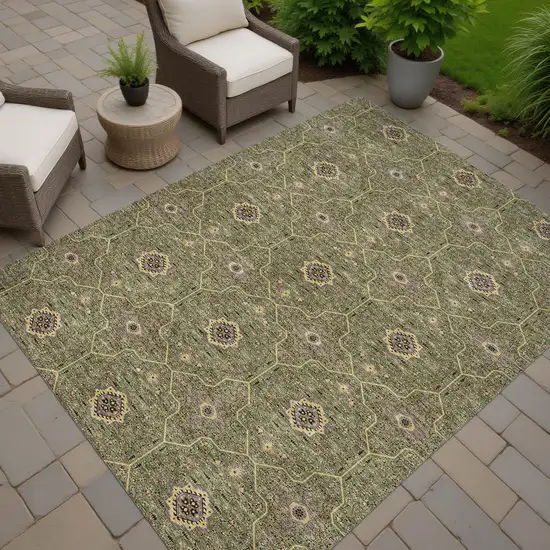 Olive Green Gold And Black Oriental Washable Indoor Outdoor Area Rug Photo 7