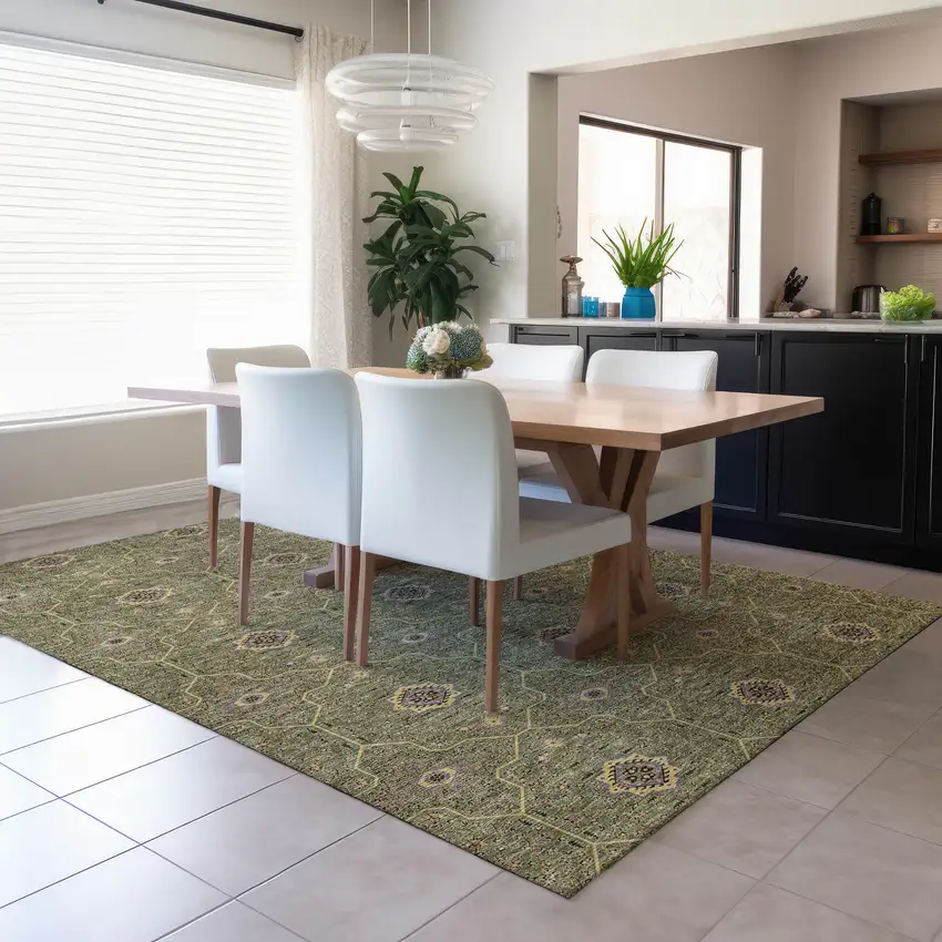 Olive Green Gold And Black Oriental Washable Indoor Outdoor Area Rug Photo 6