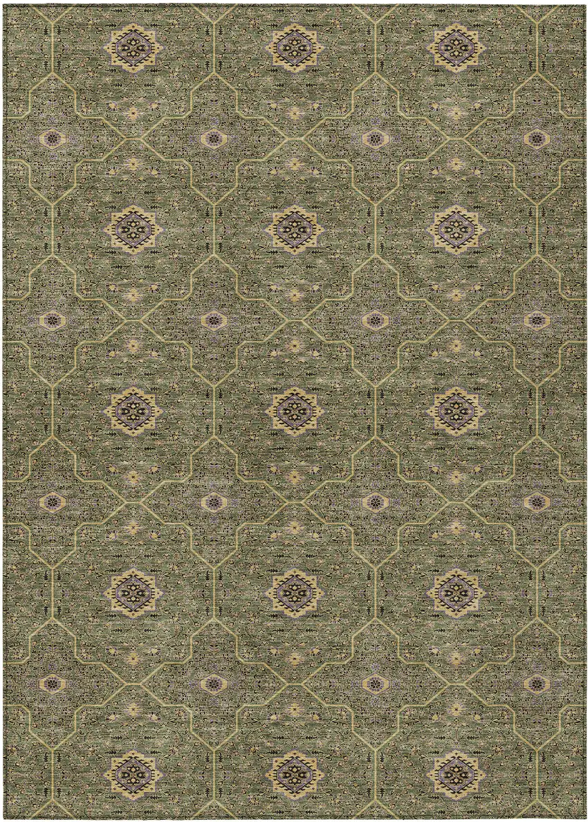 Olive Green Gold And Black Oriental Washable Indoor Outdoor Area Rug Photo 1