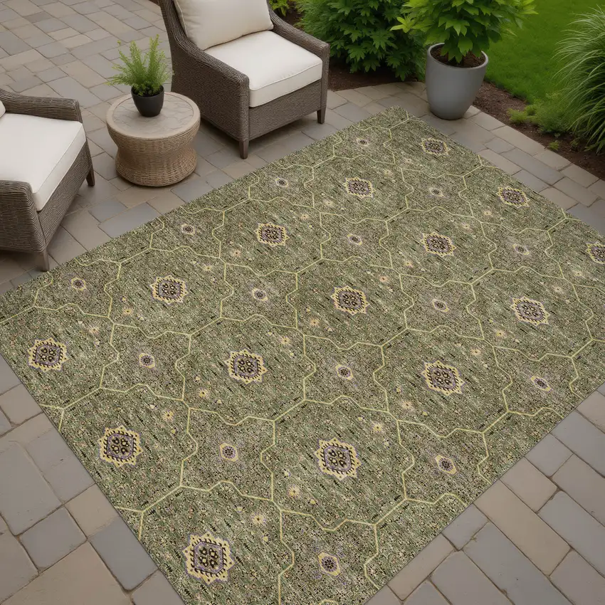 Olive Green Gold And Black Oriental Washable Indoor Outdoor Area Rug Photo 7