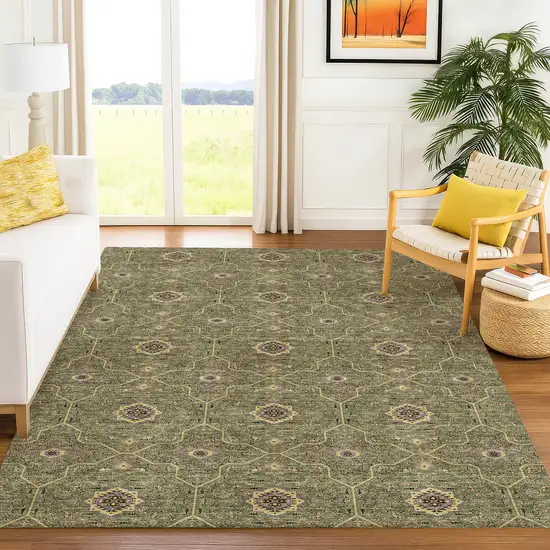 Olive Green Gold And Black Oriental Washable Indoor Outdoor Area Rug Photo 5