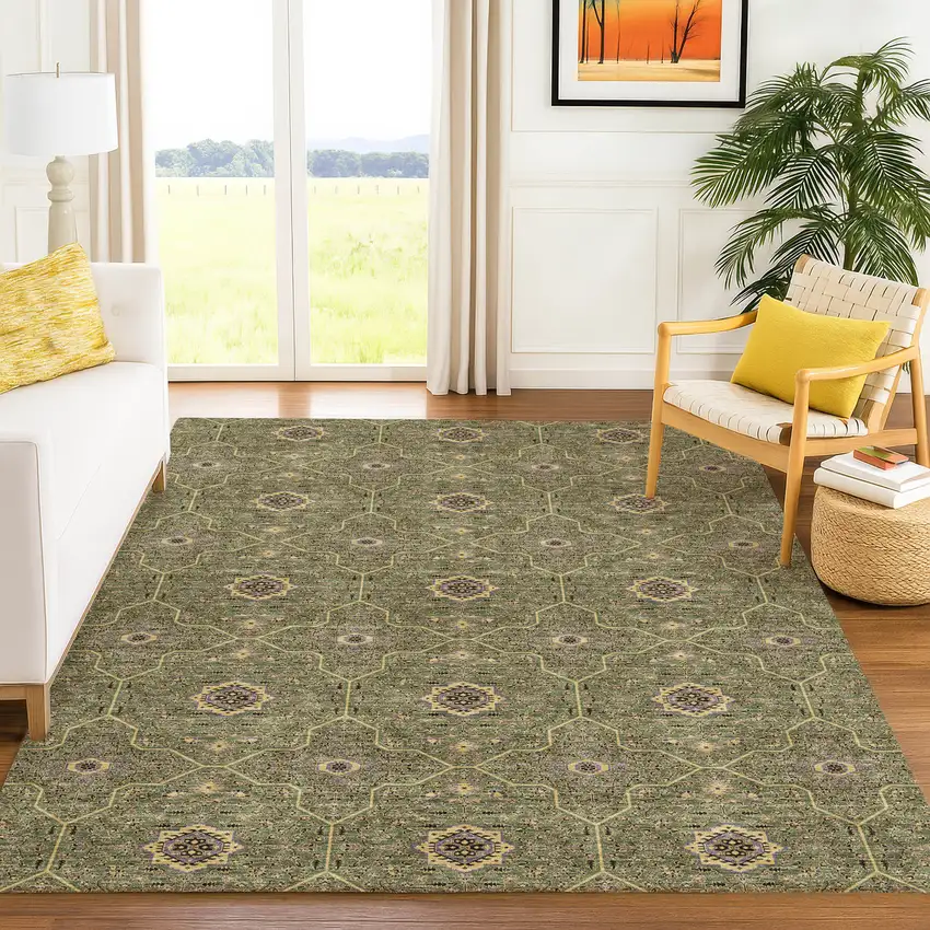 Olive Green Gold And Black Oriental Washable Indoor Outdoor Area Rug Photo 5