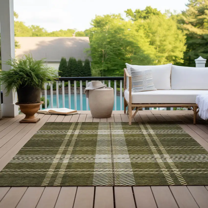 Olive Green Gold And Brown Plaid Washable Indoor Outdoor Area Rug Photo 9