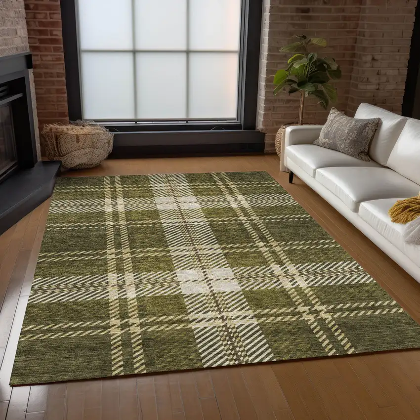Olive Green Gold And Brown Plaid Washable Indoor Outdoor Area Rug Photo 8