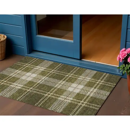 Olive Green Gold And Brown Plaid Washable Indoor Outdoor Area Rug Photo 1