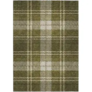Photo of Olive Green Gold And Brown Plaid Washable Indoor Outdoor Area Rug