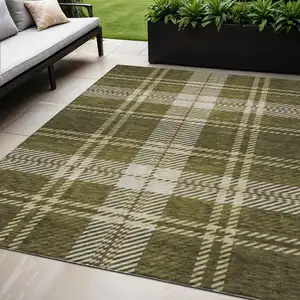 Photo of Olive Green Gold And Brown Plaid Washable Indoor Outdoor Area Rug