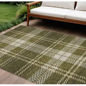 Photo of Olive Green Gold And Brown Plaid Washable Indoor Outdoor Area Rug