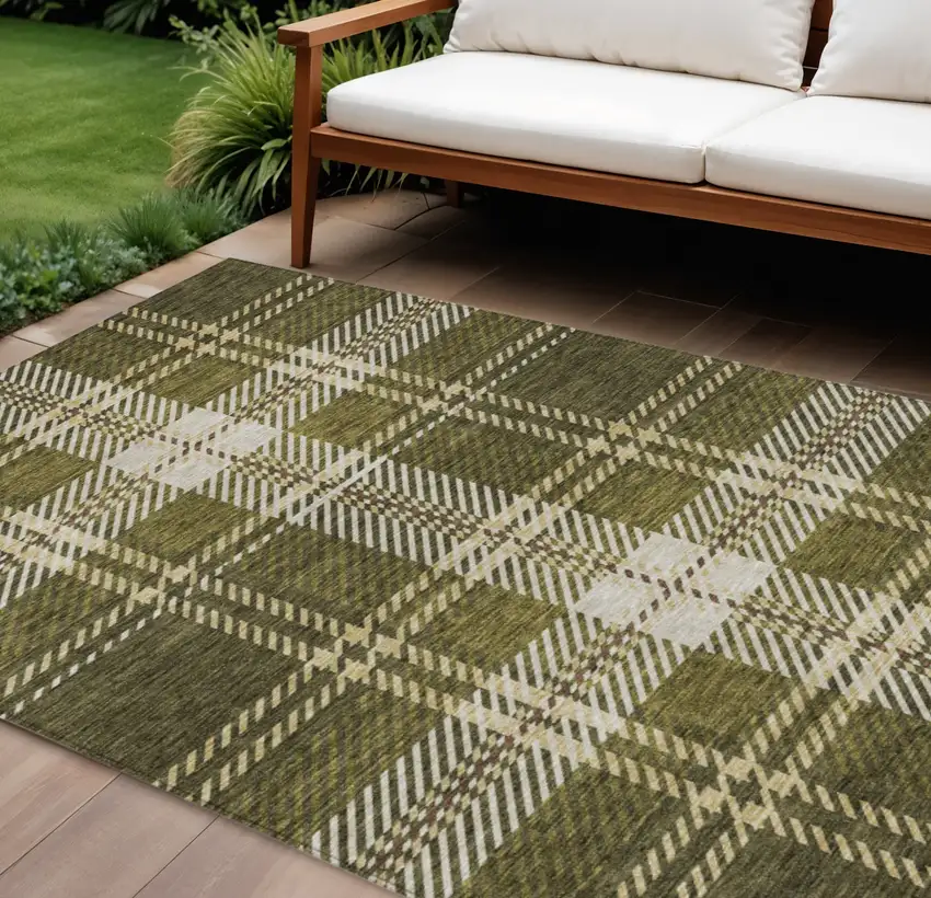 Olive Green Gold And Brown Plaid Washable Indoor Outdoor Area Rug Photo 1