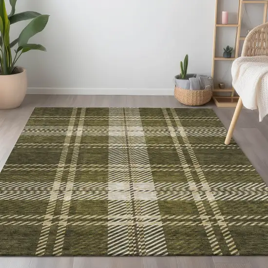 Olive Green Gold And Brown Plaid Washable Indoor Outdoor Area Rug Photo 9