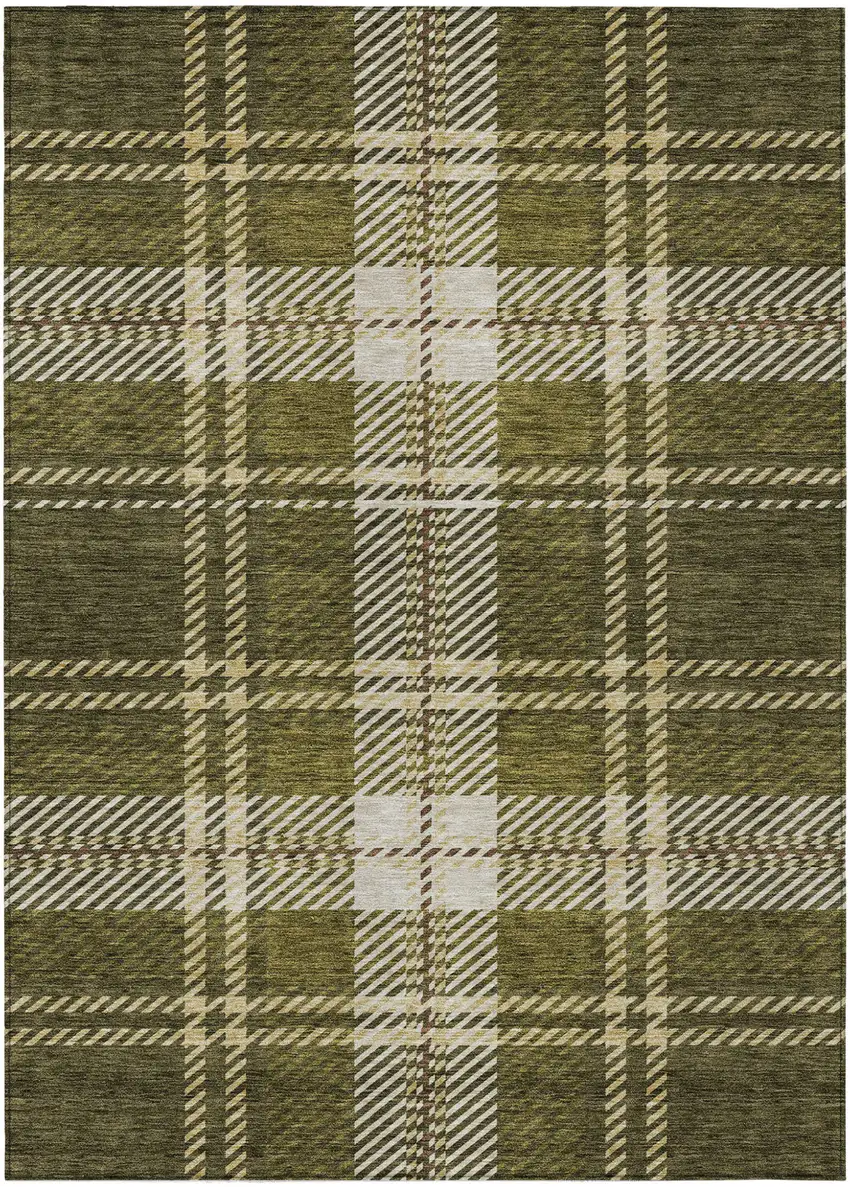 Olive Green Gold And Brown Plaid Washable Indoor Outdoor Area Rug Photo 2