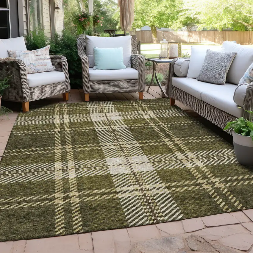 Olive Green Gold And Brown Plaid Washable Indoor Outdoor Area Rug Photo 8