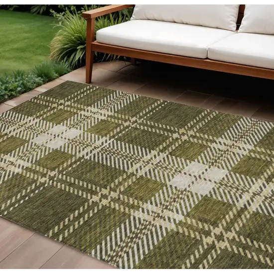 Olive Green Gold And Brown Plaid Washable Indoor Outdoor Area Rug Photo 1