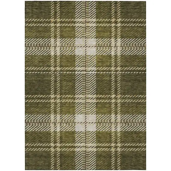 Olive Green Gold And Brown Plaid Washable Indoor Outdoor Area Rug Photo 2