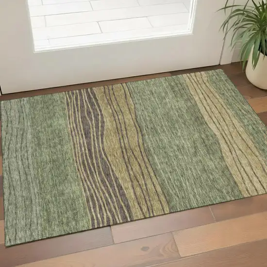 Olive Green Gold And Brown Striped Washable Area Rug With UV Protection Photo 1