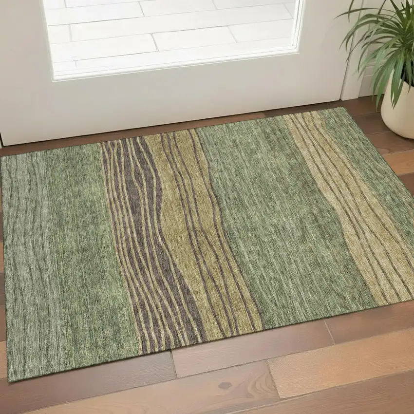 Olive Green Gold And Brown Striped Washable Area Rug With UV Protection Photo 1