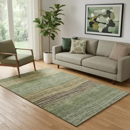 Olive Green Gold And Brown Striped Washable Area Rug With UV Protection Photo 1