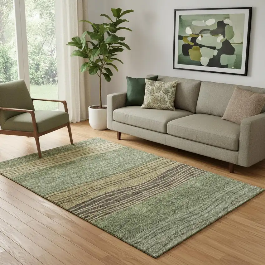 Olive Green Gold And Brown Striped Washable Area Rug With UV Protection Photo 1