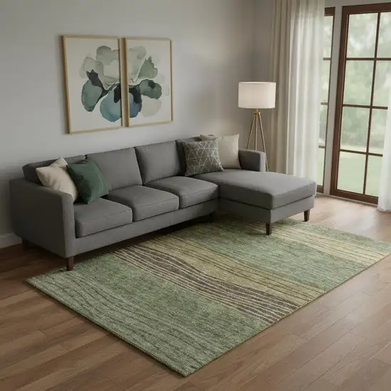 Olive Green Gold And Brown Striped Washable Area Rug With UV Protection Photo 1