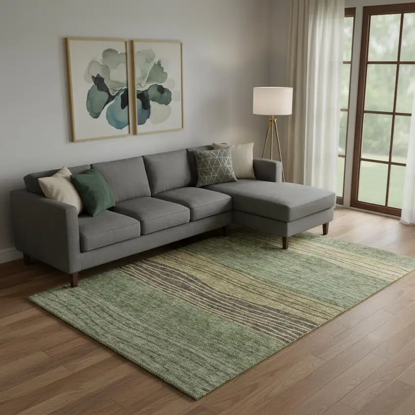 Olive Green Gold And Brown Striped Washable Area Rug With UV Protection Photo 1