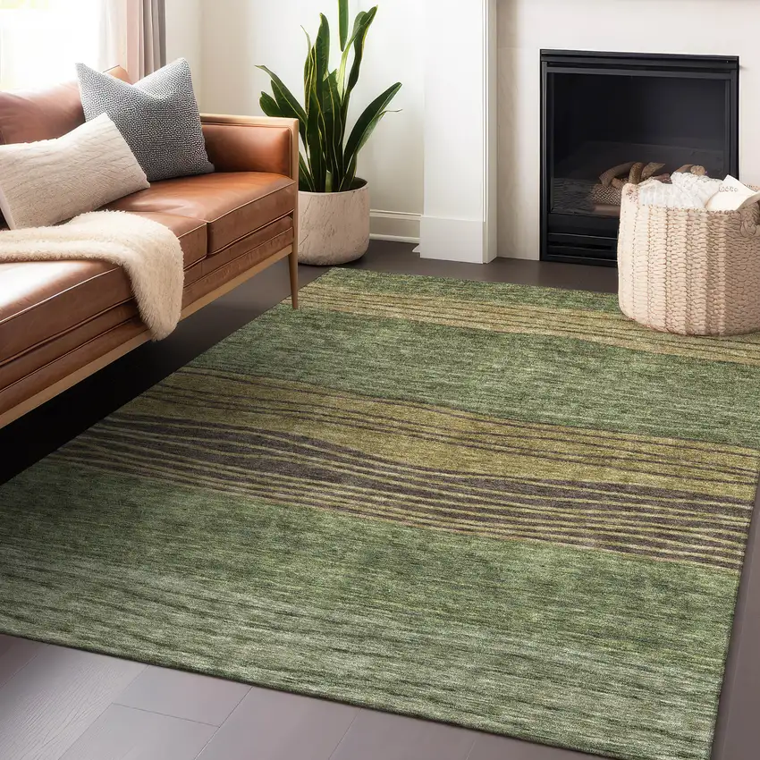 Olive Green Gold And Brown Striped Washable Area Rug With UV Protection Photo 5