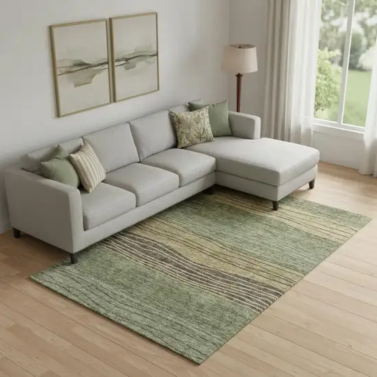 Olive Green Gold And Brown Striped Washable Area Rug With UV Protection Photo 1