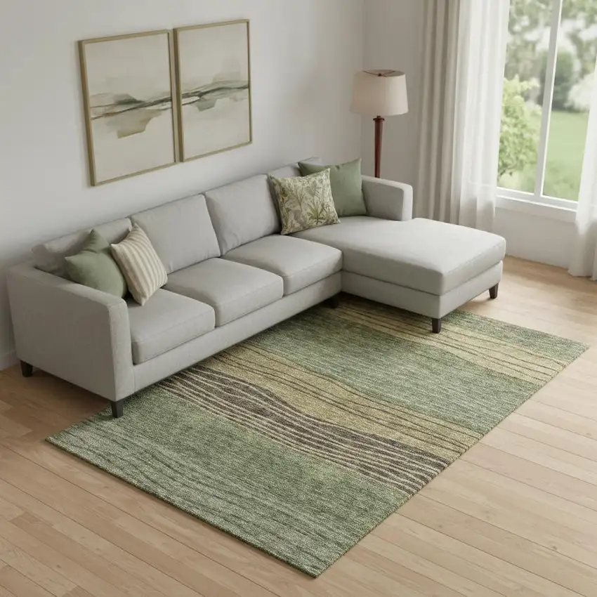 Olive Green Gold And Brown Striped Washable Area Rug With UV Protection Photo 1