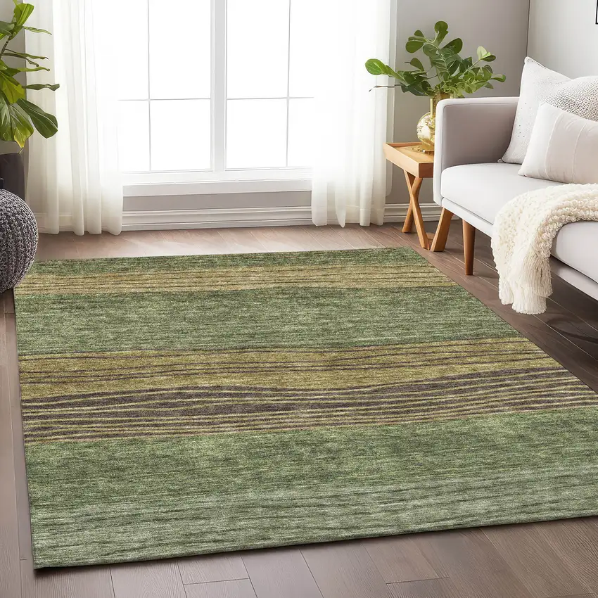 Olive Green Gold And Brown Striped Washable Area Rug With UV Protection Photo 5