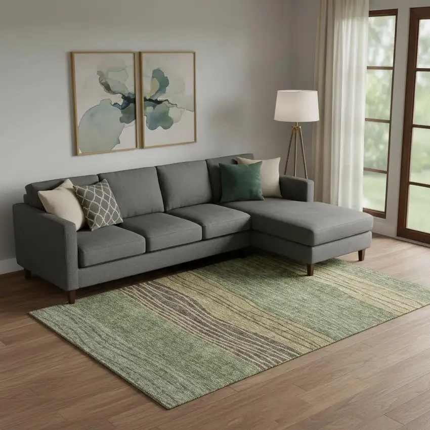 Olive Green Gold And Brown Striped Washable Area Rug With UV Protection Photo 1