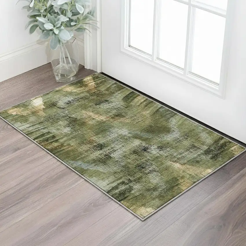 Olive Green Gold And Charcoal Abstract Washable Area Rug With UV Protection Photo 2