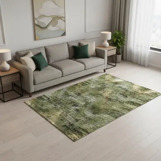 Olive Green Gold And Charcoal Abstract Washable Area Rug With UV Protection Photo 2